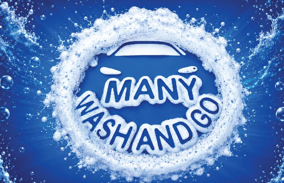 Logo MANY WASH AND GO entouré de mousse